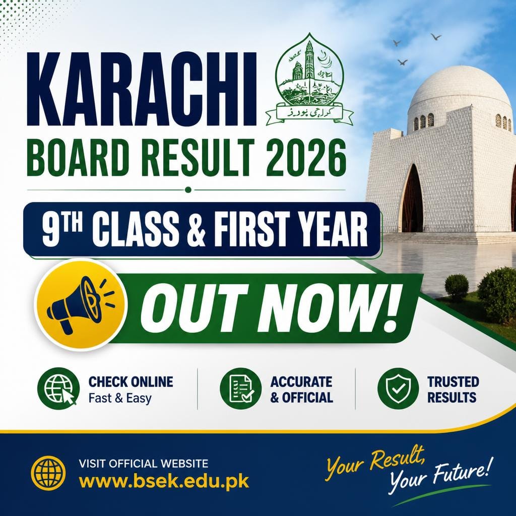 Student checking Ninth Annual Examination and First Year Karachi Board Result 2026 online on a laptop